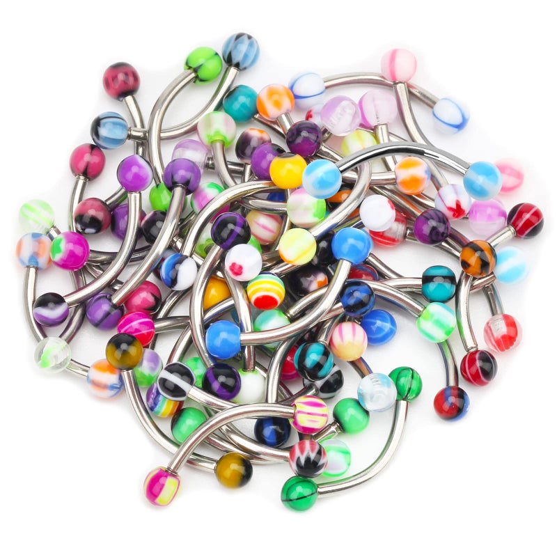 CrazyPiercing Colorful Acrylic Ball Stainless Steel Curved Bar Eyebrow Rings Tragus Piercing, 50Pcs, 16G (Stainless Steel Bar) - Image 1